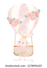 adorable pink bunny on sweet floral hot air balloon watercolor, cute nursery animal hand painting vector