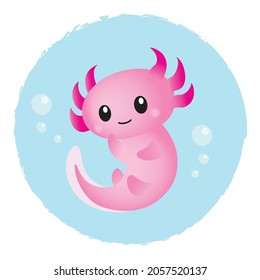 Adorable pink cartoon axolotl in water bubble. Cute exotic amphibian illustration. Vector flat design element