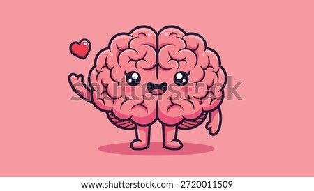 Adorable pink cartoon brain character with a happy face, arms, and legs, waving a hand with a small red heart nearby.