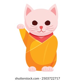 Adorable pink cartoon cat is wearing traditional japanese clothing and waving paw