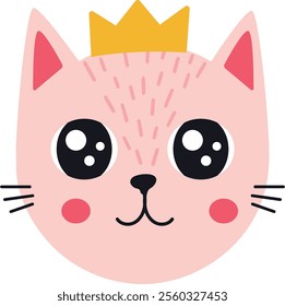 Adorable pink cat wearing a golden crown, featuring big, expressive eyes and a sweet, smiling face, creating a charming and whimsical design