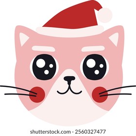 Adorable pink cat wearing a santa claus hat, celebrating christmas holiday season with big eyes and a cute smile, perfect for festive designs and winter projects