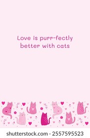 Adorable pink cats with hearts and floral details illustration