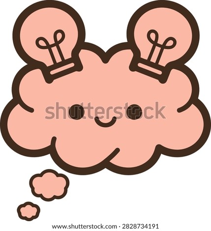 Adorable pink cloud character with a happy face and light bulbs on top. Represents creative ideas, brainstorming, innovation, and inspiration in a fun way.