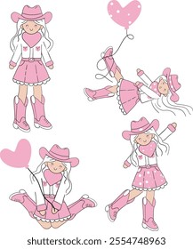 Adorable Pink Cowgirl Illustrations with Heart Balloons, Stylish Outfits, and Playful Western Poses for Feminine and Whimsical Designs