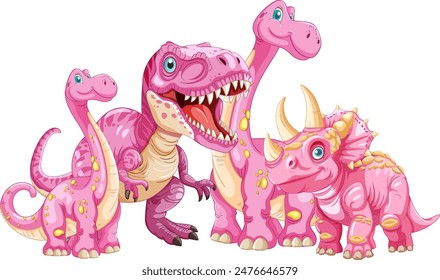 Adorable pink dinosaurs in a group illustration