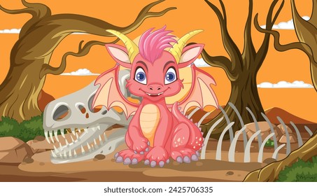 Adorable pink dragon sitting by dinosaur skeleton.