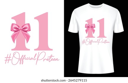 Adorable pink eleven design with a bow perfect for an eleventh birthday T-shirt. Preteen girls will love this cute and stylish graphic.