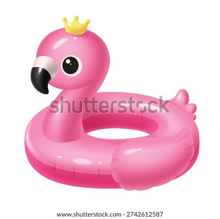 Adorable Pink Flamingo Pool Float Illustration with Golden Crown and Glossy Inflatable Texture