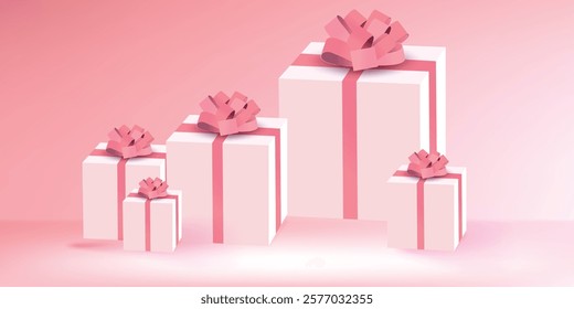 Adorable pink gift boxes with pink ribbons, perfect for celebrations, gifts, or romantic-themed designs. Ideal for birthdays, weddings, or special occasions.