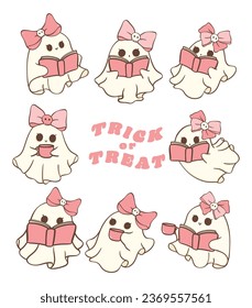 adorable pink Halloween ghosts in a retro, kawaii cartoon style collection. Perfect for t-shirt designs, greeting card and festive decorations.