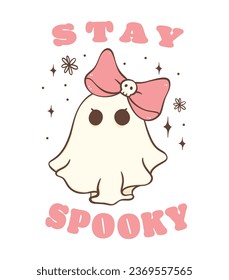 adorable pink Halloween ghosts in a retro, kawaii cartoon style. Perfect for t-shirt designs, greeting card and festive decorations.