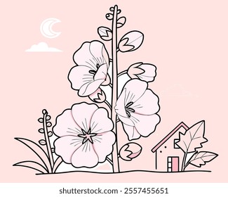 Adorable pink Hollyhock flowers illustration, perfect for home decor, kids' projects, or adding a touch of sweetness to your designs.  Features a charming little house and whimsical moon.