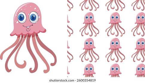 Adorable pink jellyfish with big eyes and smile