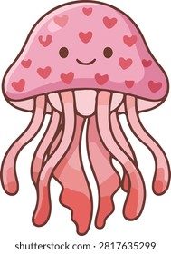 Adorable pink jellyfish covered in red heart patterns with soft pink tentacles. Perfect for Valentine's Day designs, love themes, baby products, and romantic stickers