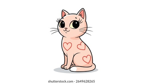 Adorable pink kitten with heart patterns sitting gracefully and smiling with big cute eyes and delicate whiskers