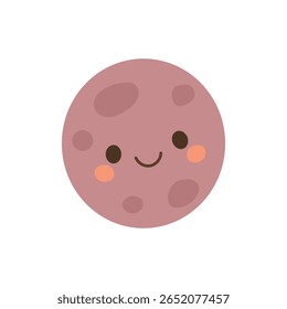 Adorable pink moon with soft craters and a happy smile, perfect for children's books, space learning visuals, or pastel-themed universe illustrations.