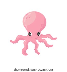 Adorable pink octopus with big shiny eyes. Marine animal with long tentacles. Cartoon character of sea creature. Underwater wildlife. Colorful flat vector icon