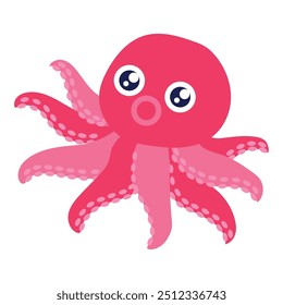 Adorable pulpo rosa con ojos Grandes y tentáculos en Ilustración vectorial de estilo de dibujos animados