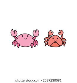 Adorable pink and orange cartoon crabs with happy expressions, simple outlines, and raised claws.