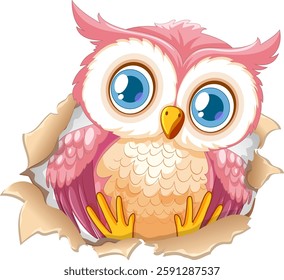 Adorable pink owl peeking through torn paper