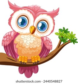 Adorable pink owl perched on a tree branch