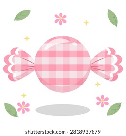 Adorable pink pastel gingham wrapped candy with a cute flower and leaf gimmick. Perfect for stickers and sweet theme designs. Flat vector illustration isolated on white
