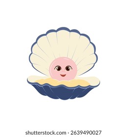 Adorable pink pearl smiling inside an open clam shell. Perfect for kids' illustrations, underwater themes, or educational and decorative designs.