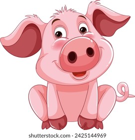 Adorable personaje de dibujos animados de cerdo rosa sentado y sonriendo.