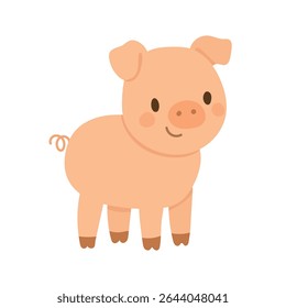 Adorable pink pig cartoon with round body, curly tail, and cheerful smile. Perfect for farm animal designs, children’s prints, or nursery decor.
