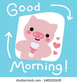 Adorable pink pig holding cup of coffee. Flat illustration animal card. Good morning phrase handwritten with simple font. Illustration in flat style