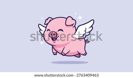 Adorable pink pig with wings soaring happily in the sky