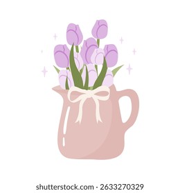 Adorable pink pitcher with purple tulips, perfect for spring, floral, and home decor themes. Great for cards and designs.