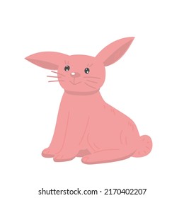 Adorable pink rabbit. Cute bunny sitting. Domestic animal. Colored flat vector illustration isolated on white background.