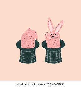 Adorable pink rabbit jumping out of a wizard hat hand drawn vector illustration. Isolated funny animal character in flat style for kids logo or icon.