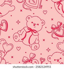 Adorable pink seamless pattern with charming bears, hearts, and lockets. Romantic, girly background. Flirty line art vector graphic