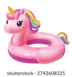 Adorable Pink Unicorn Inflatable Pool Float with Rainbow Mane and Golden Horn Illustration
