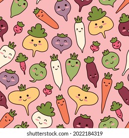 Adorable pink vegetable background. Seamless pattern with vegetarian healthy food. Autumn harvest of ripe root crops. Cute kawaii characters smiling: Carrot, Beetroot, Swede, Turnip, Radish, Daikon.