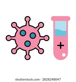 Adorable pink virus cell and test tube icon. Medical testing concept illustration for healthcare, science, biology, and laboratory diagnostics.