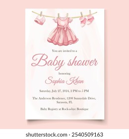 Adorable pink watercolor baby shower card featuring cute baby clothes, perfect for celebrating a new arrival with love and joy!