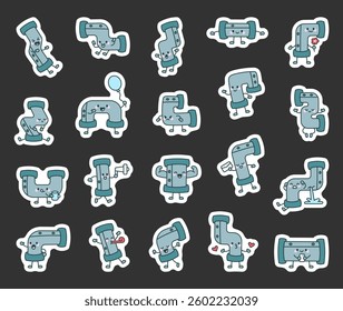 Adorable pipe characters set showing different emotions and actions in a cute cartoon style, perfect for yours funny plumbing themed creative projects and designs