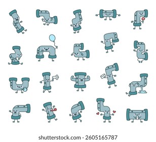 Adorable pipe characters set showing different emotions and actions in a cute cartoon style, perfect for yours funny plumbing themed creative projects and designs