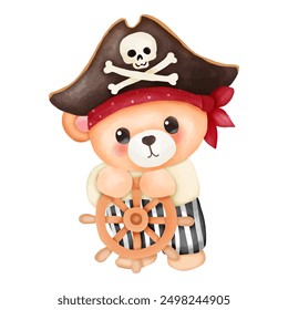 Adorable Pirate Bear Steering the Ship's Wheel