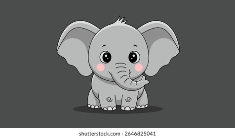 Adorable Pixel Art Baby Elephant Sitting Calmly with Large Ears and Pink Cheeks Facing Forward