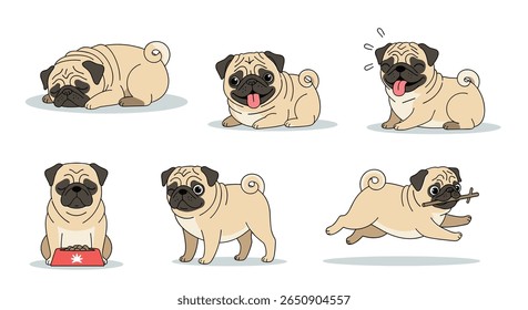 Adorable pixel art collection of pugs showing various fun activities and poses