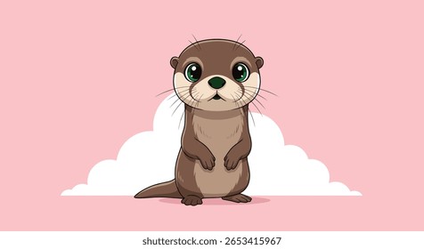 Adorable pixel art otter crying with big eyes and soft clouds background artwork