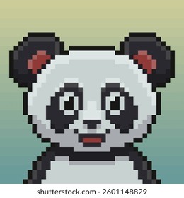 Adorable pixel art panda portrait features a charming smile with its iconic black and white markings and detailed 8-bit design offers a touch of retro appeal.
