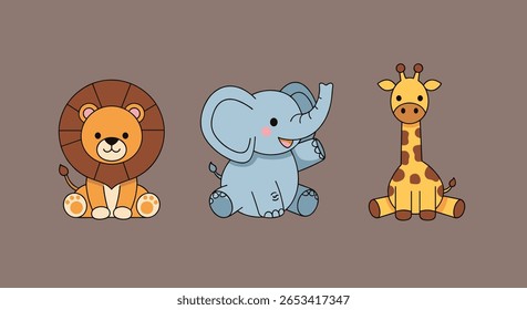 Adorable pixel art safari animals featuring a playful elephant a majestic lion and a tall giraffe