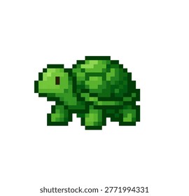 Adorable pixel green turtle animal icon designed in retro game style. Cute reptile character with detailed shell and bright colors, perfect for mobile games,