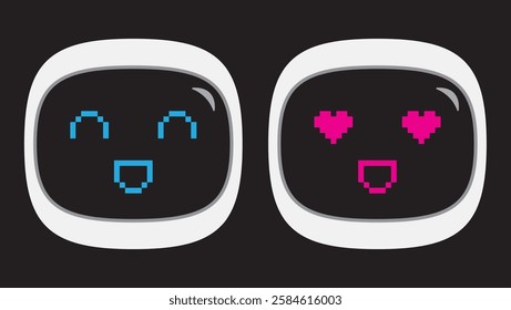 Adorable pixel-art robot faces with happy and loving expressions, ideal for t-shirt design, couples, and Valentine’s Day.